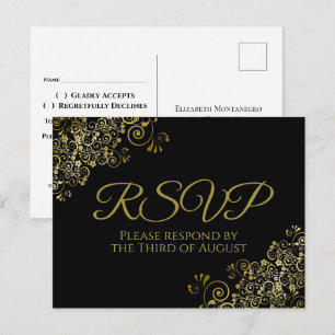 Chic Gold Curls & Swirls on Black Wedding RSVP Postcard