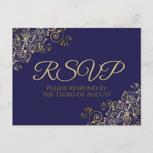 Chic Gold Curls & Swirls on Navy Wedding RSVP Postcard (Front)