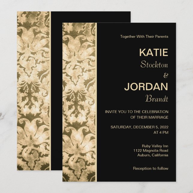 Chic Gold Damask Wedding Invitation (Front/Back)