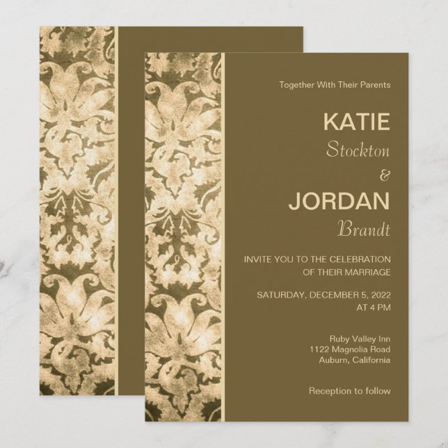 Chic Gold Damask Wedding Invitation (Front/Back)