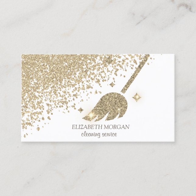 Chic Gold Diamonds Broom Maid Cleaning House Business Card (Front)