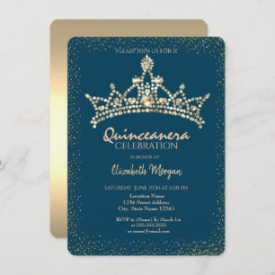 Chic Gold Diamonds Crown Blue Quinceañera  Invitation