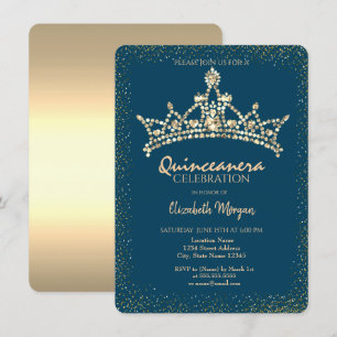 Chic Gold Diamonds Crown Blue Quinceañera  Invitation