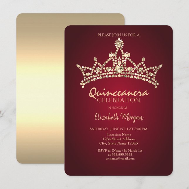 Chic Gold Diamonds Crown Burgundy Quinceañera   Invitation (Front/Back)