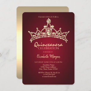 Chic Gold Diamonds Crown Burgundy Quinceañera   Invitation
