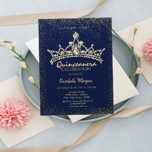 Chic Gold Diamonds Crown Navy Blue Quinceañera Invitation