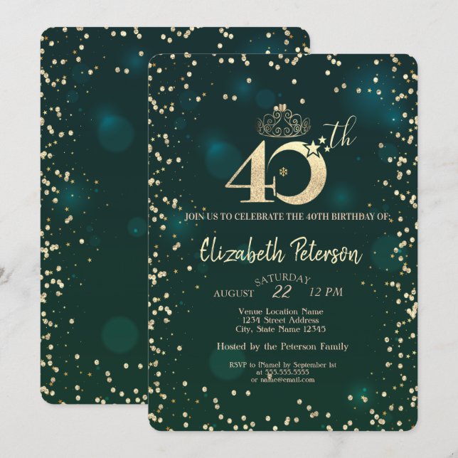 Chic Gold Diamonds Green 40th Birthday Party   Invitation (Front/Back)