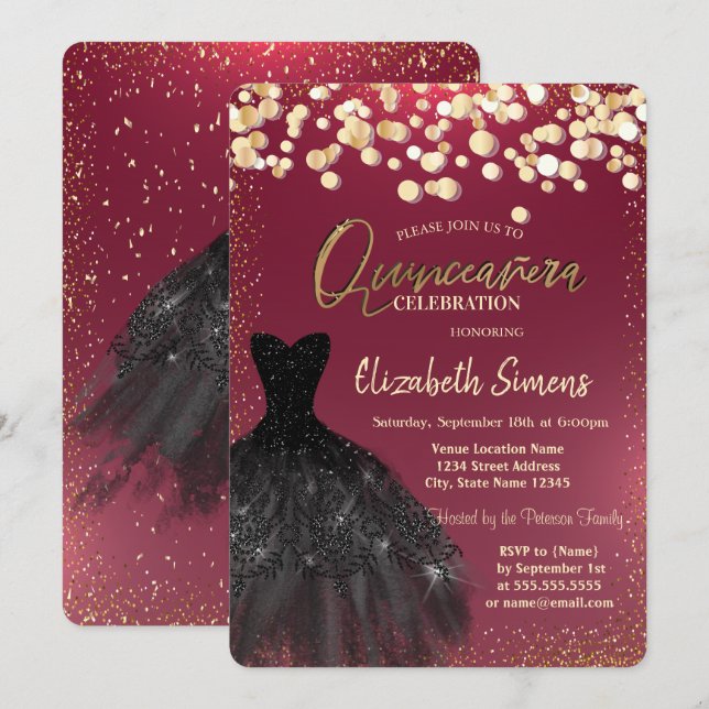 Chic Gold Dots,Black Dress Burgundy Quinceañera  Invitation (Front/Back)