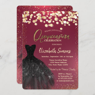 Chic Gold Dots,Black Dress Burgundy Quinceañera  Invitation