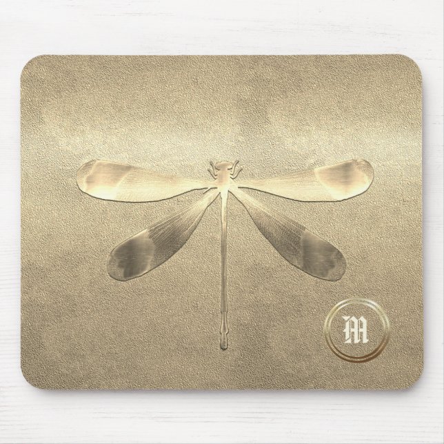 Chic Gold Dragonfly Monogrammed Mouse Mat (Front)