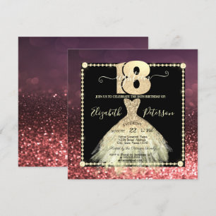 Chic Gold Dress Glitter Burgundy 18th Birthday Invitation