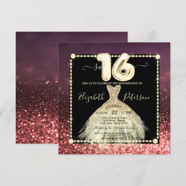 Chic Gold Dress Glitter Burgundy Sweet 16 Invitation (Front/Back)