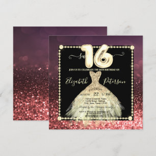 Chic Gold Dress Glitter Burgundy Sweet 16 Invitation