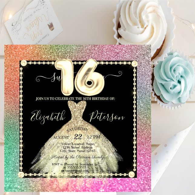 Chic Gold Dress Glitter Colourful Sweet 16 Invitation (Creator Uploaded)