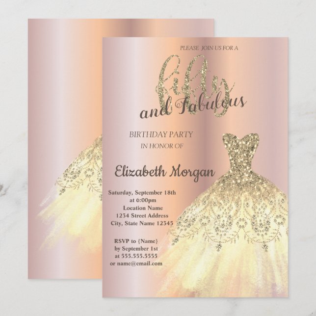 Chic Gold Dress, Rose Gold 50th Birthday Party Invitation (Front/Back)