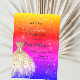 Chic Gold Dress Stars Galaxy Colourful Quinceañera Invitation