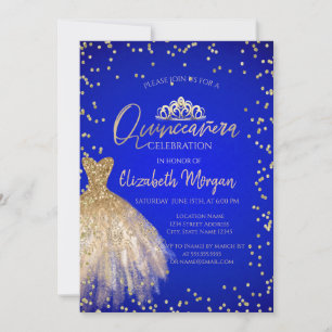 Chic Gold Dress Tiara, Blue Quinceañera Invitation