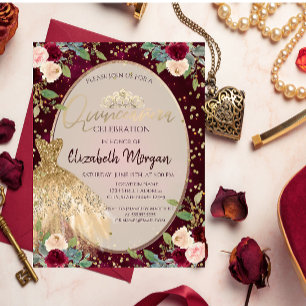 Chic Gold Dress Tiara,Burgundy Roses Quinceañera Invitation