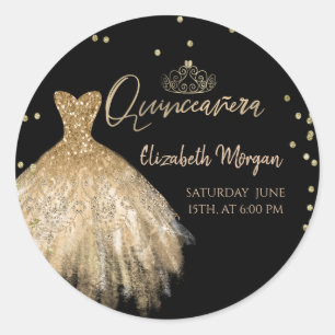 Chic Gold Dress Tiara,Diamonds Black Quinceañera  Classic Round Sticker