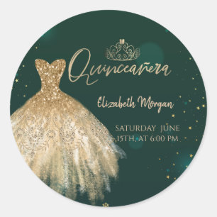 Chic Gold Dress Tiara,Diamonds Green Quinceañera  Classic Round Sticker