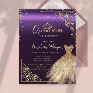 Chic Gold Dress Tiara,Diamonds Purple Quinceañera Invitation
