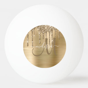 Chic Gold Dripping Glitter Brush Metal Monogram Ping Pong Ball