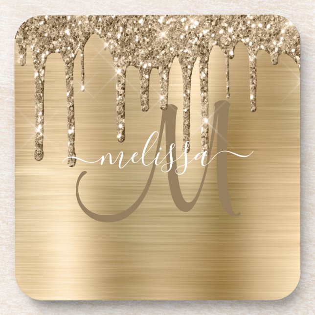 Chic Gold Dripping Glitter Brushed Metal Monogram Coaster (Front)