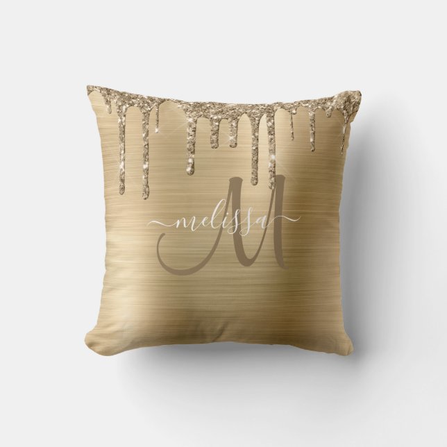 Chic Gold Dripping Glitter Brushed Metal Monogram Cushion (Front)