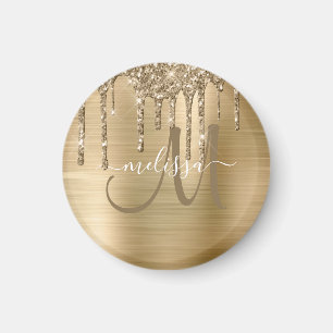 Chic Gold Dripping Glitter Brushed Metal Monogram Magnet