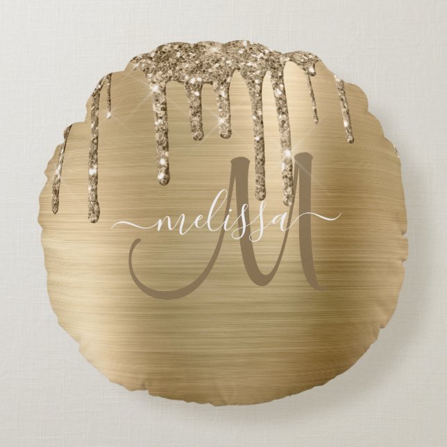 Chic Gold Dripping Glitter Brushed Metal Monogram Round Cushion (Front)