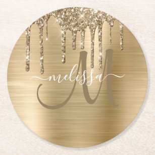 Chic Gold Dripping Glitter Brushed Metal Monogram Round Paper Coaster