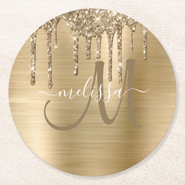 Chic Gold Dripping Glitter Brushed Metal Monogram Round Paper Coaster (Front)