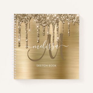 Chic Gold Dripping Glitter Brushed Metal Sketch Notebook