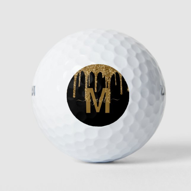 Chic Gold Dripping Glitter Monogram Name Golf Balls (Front)