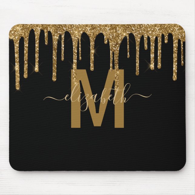 Chic Gold Dripping Glitter Monogram Name Mouse Mat (Front)
