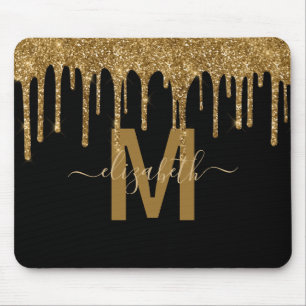 Chic Gold Dripping Glitter Monogram Name Mouse Mat