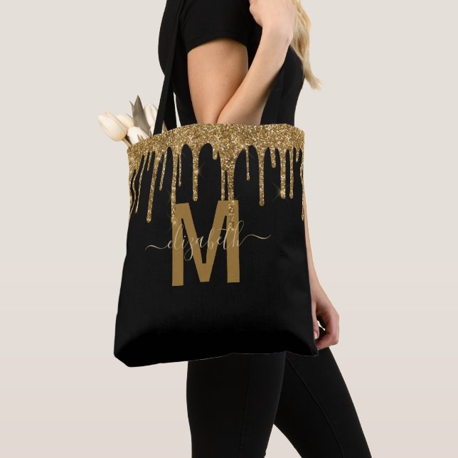 Chic Gold Dripping Glitter Monogram Name Tote Bag (Close Up)