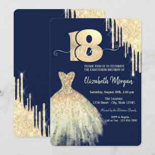 Chic Gold Drips Dress Navy Blue 18th Birthday Invitation
