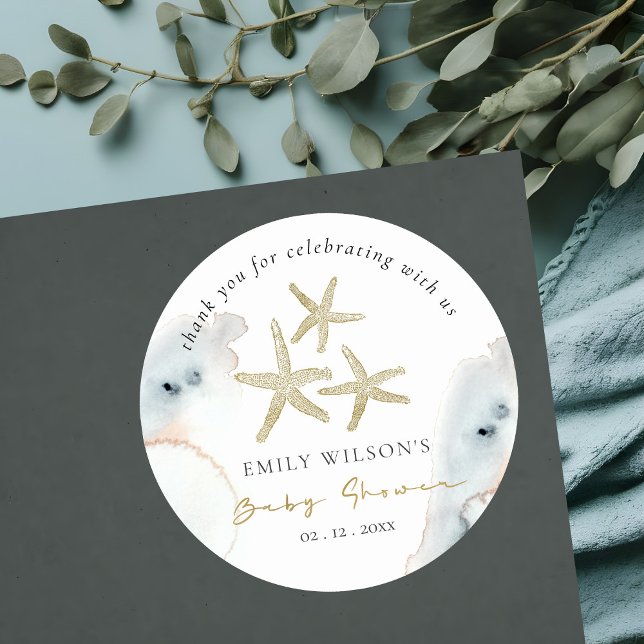 Chic Gold Dusky Blue Beachy Starfish Baby Shower Classic Round Sticker (Creator Uploaded)