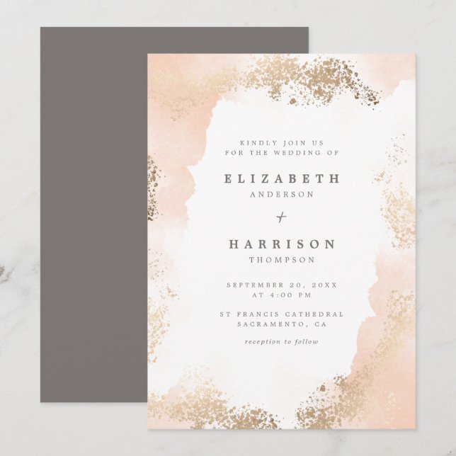Chic Gold Dust & Blush Watercolor Wedding Invitation (Front/Back)