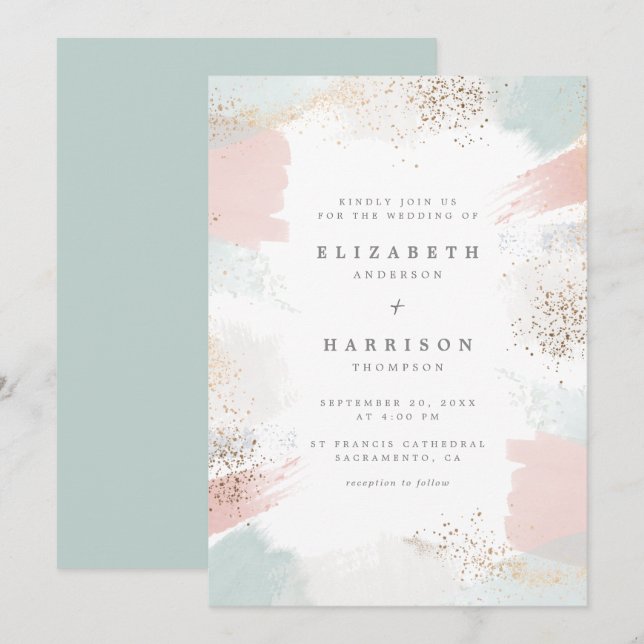 Chic Gold Dust & Painterly Brush Strokes Wedding Invitation (Front/Back)
