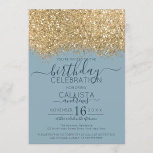 Chic Gold Dusty Blue Glitter Confetti Birthday Invitation