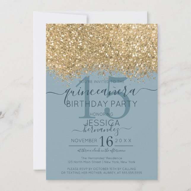 Chic Gold Dusty Blue Glitter Confetti Quinceañera Invitation (Front)