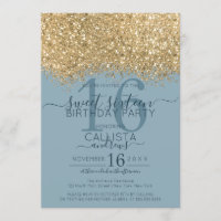 Chic Gold Dusty Blue Glitter Confetti Sweet 16