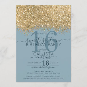 Chic Gold Dusty Blue Glitter Confetti Sweet 16 Invitation