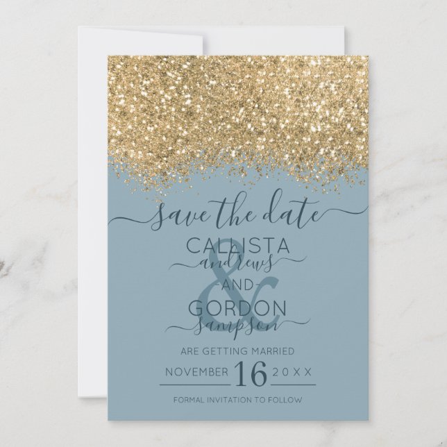 Chic Gold Dusty Blue Glitter Confetti Wedding Save The Date (Front)