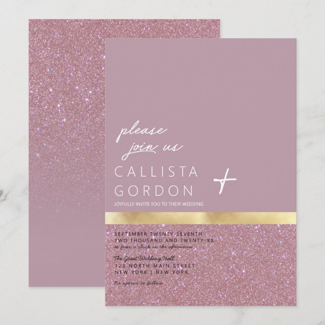 Chic Gold Dusty Mauve Glitter Colour Block Wedding Invitation (Front/Back)