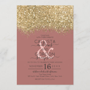 Chic Gold Dusty Rose Glitter Confetti Wedding Invitation