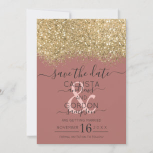 Chic Gold Dusty Rose Glitter Confetti Wedding Save The Date