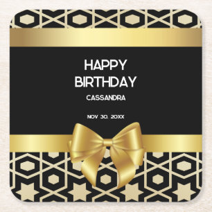 Chic Gold Egypt Geometric Gold Bow Happy Birthday Square Paper Coaster